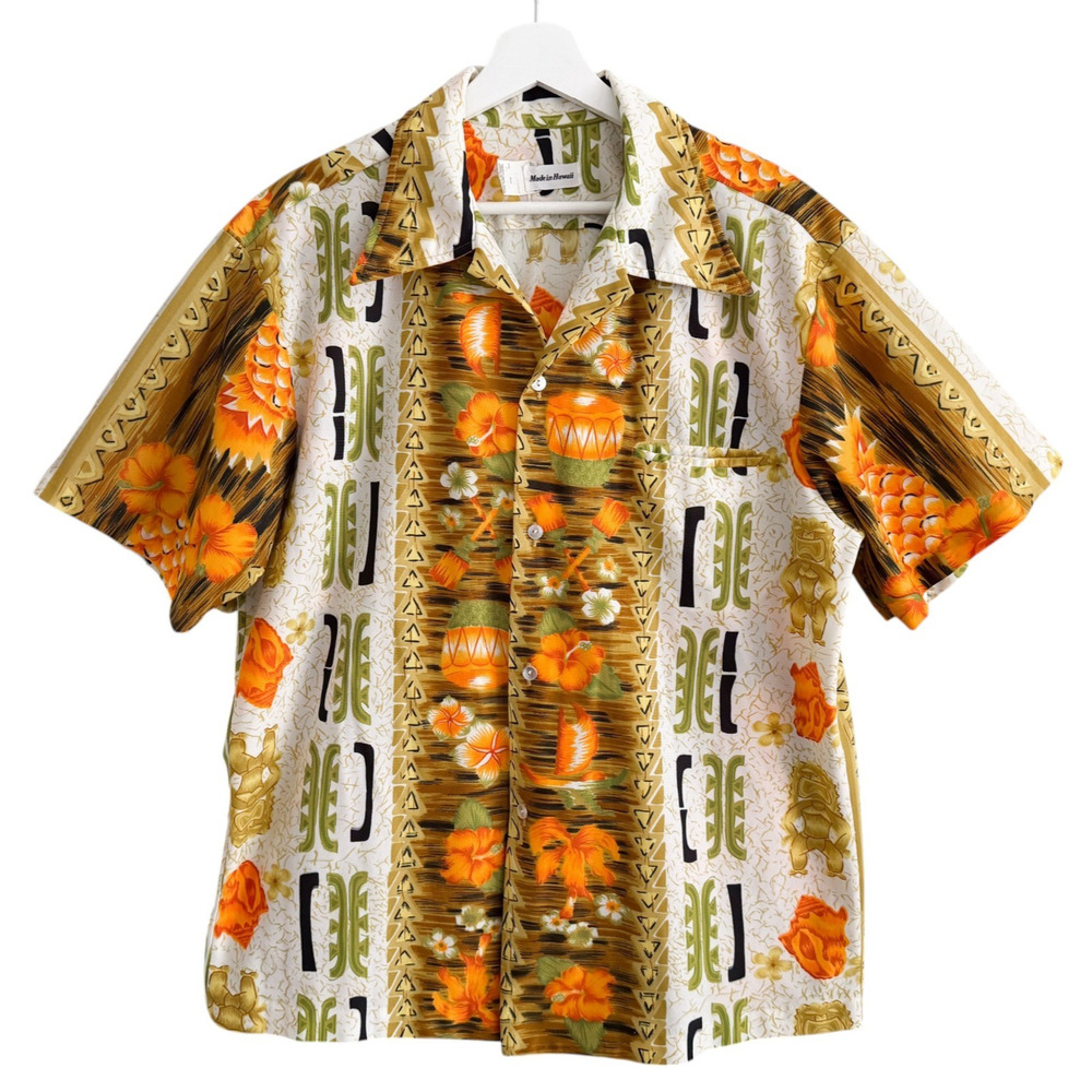 Vintage 60s 70s Hawaiian Polynesian Tiki Idol Polyester Aloha Shirt Mens XL